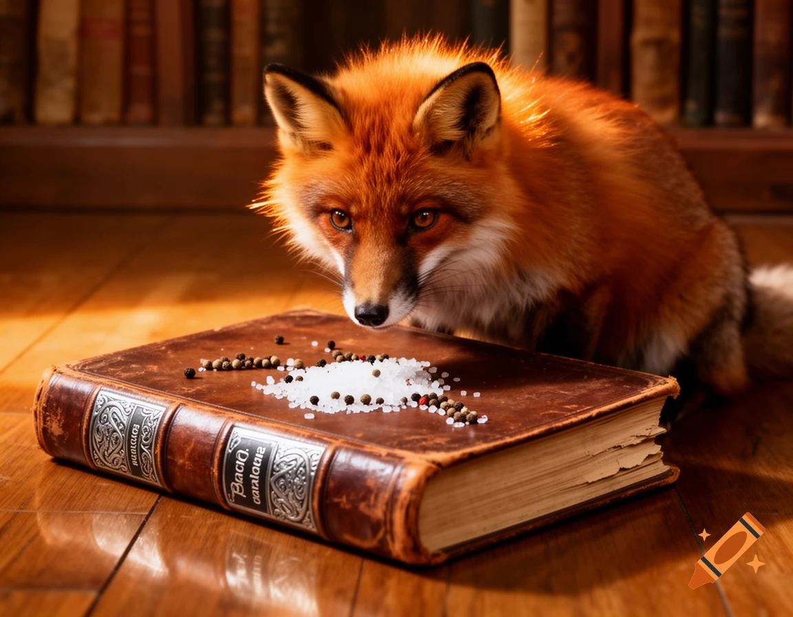 A photorealistic red fox carefully inspects salt and pepper spilled on an old leather-bound book.