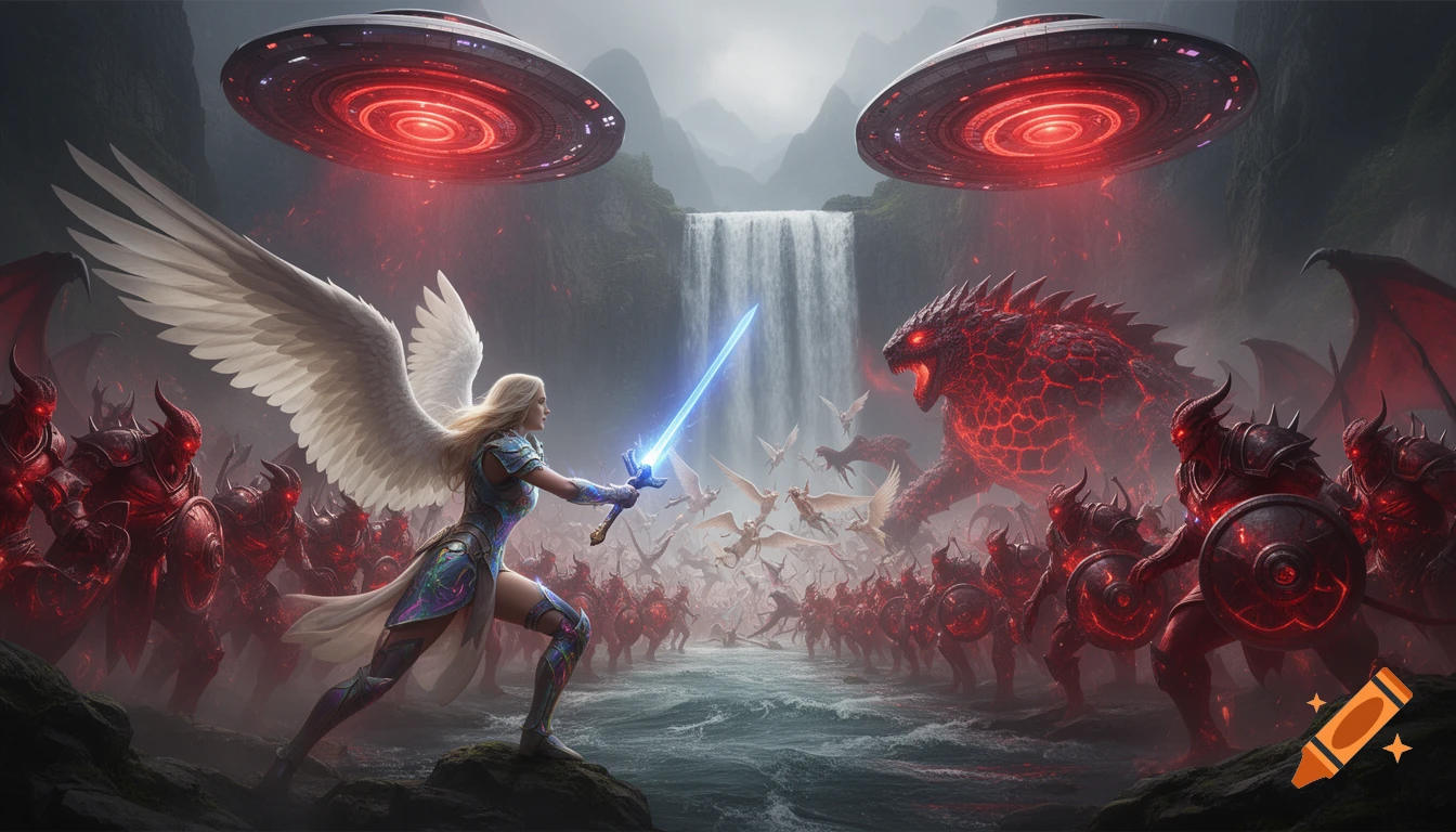 An angel with white wings and a glowing blue sword fights an army of red demons and a large red dragon under two glowing red UFOs, with a waterfall in the background, in a dramatic fantasy battle scene.