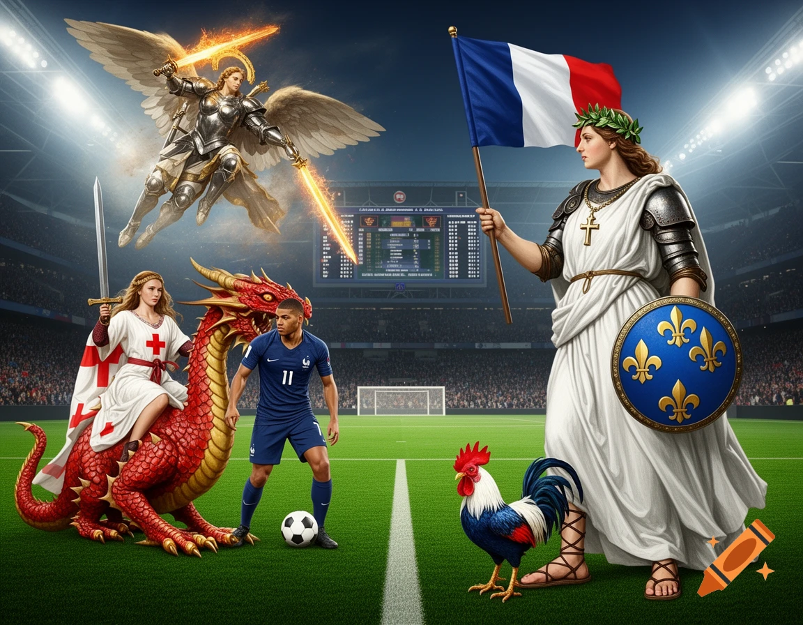 An allegorical football match with France vs. England. Characters like an angel, a female warrior with a French flag, a soccer player, a rooster, a woman on a red dragon, all on a stadium pitch.