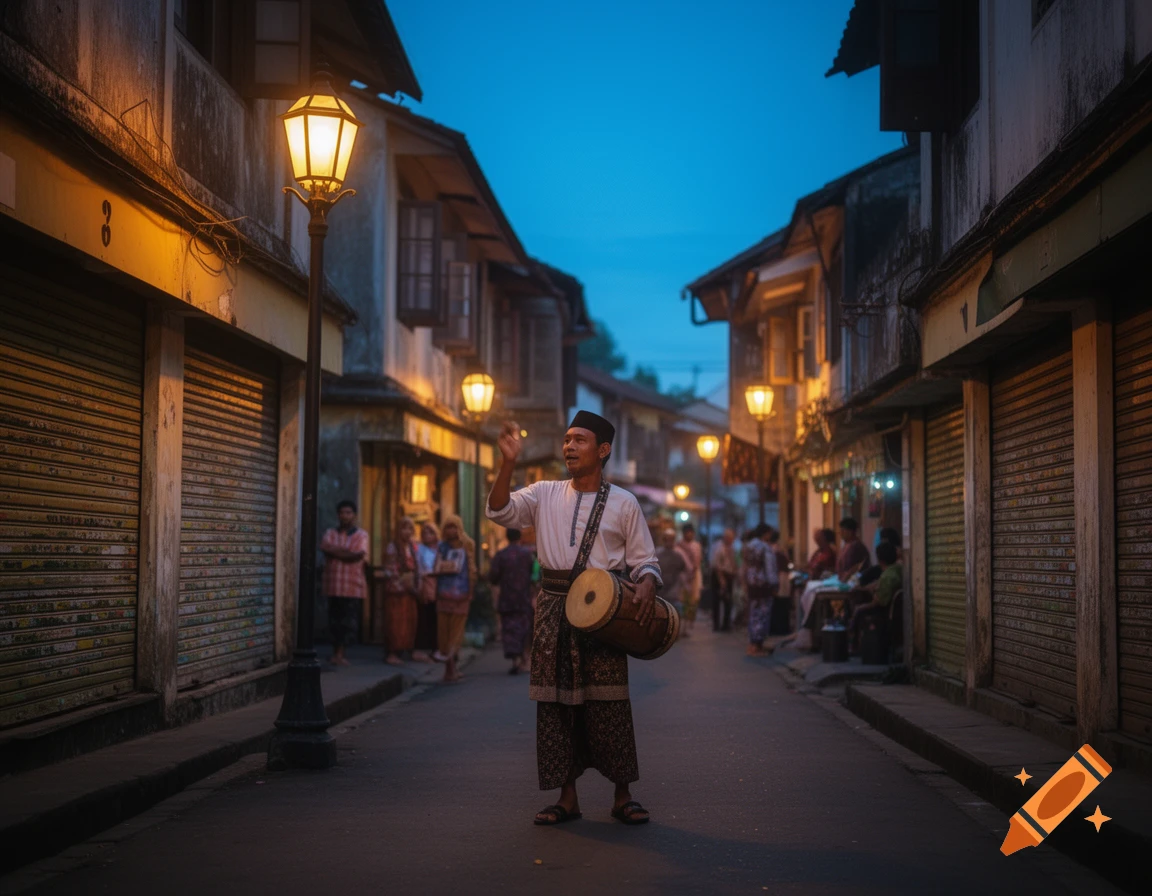A man in traditional clothes holds a drum on a lantern-lit street at dusk, with old buildings and other people in the background.