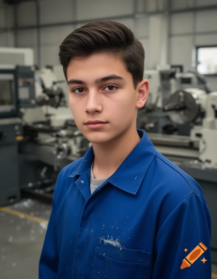A young male apprentice in a blue uniform stands in a workshop, looking at the camera.