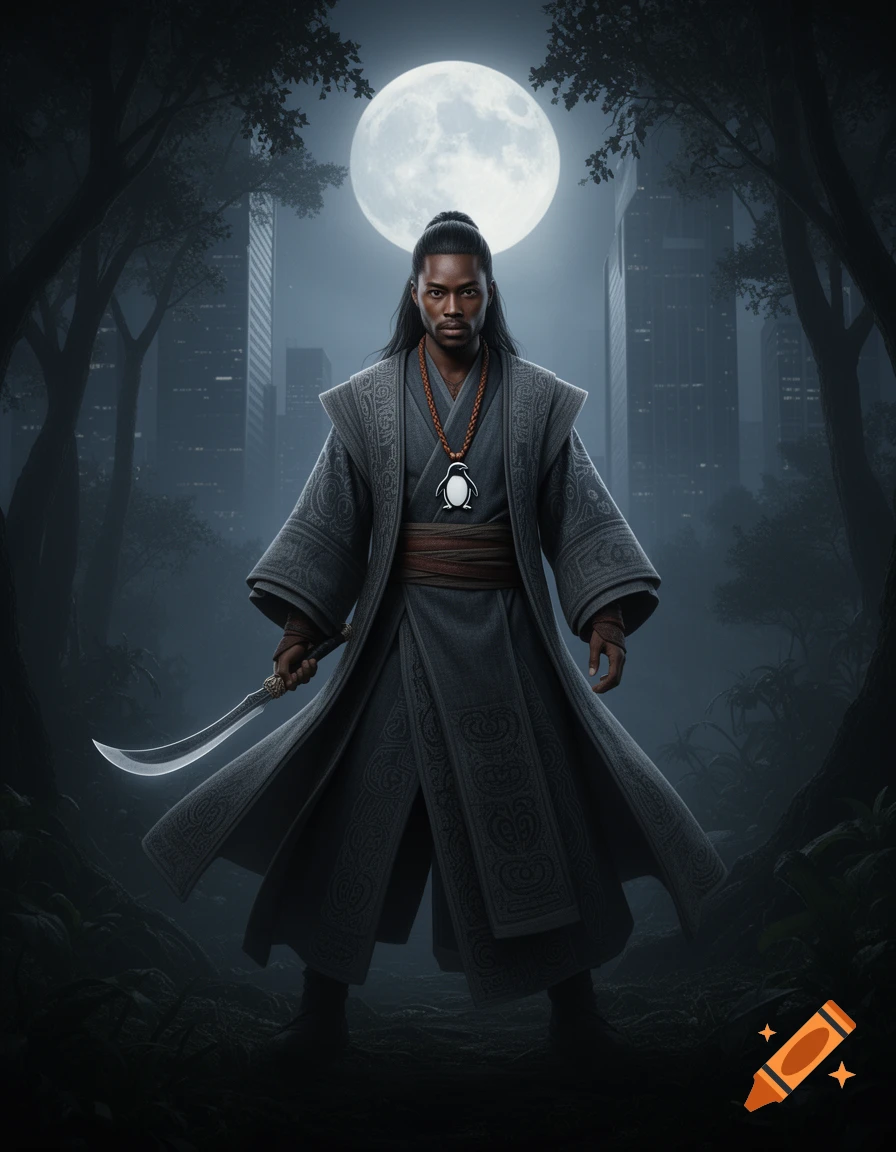 A man in a long grey robe and penguin pendant holds a curved sword, standing before a full moon, dark forest, and city skyline.