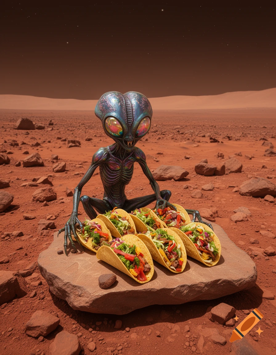 A metallic, large-eyed alien crouches on a rock on Mars, surrounded by several well-filled tacos in a photorealistic style.