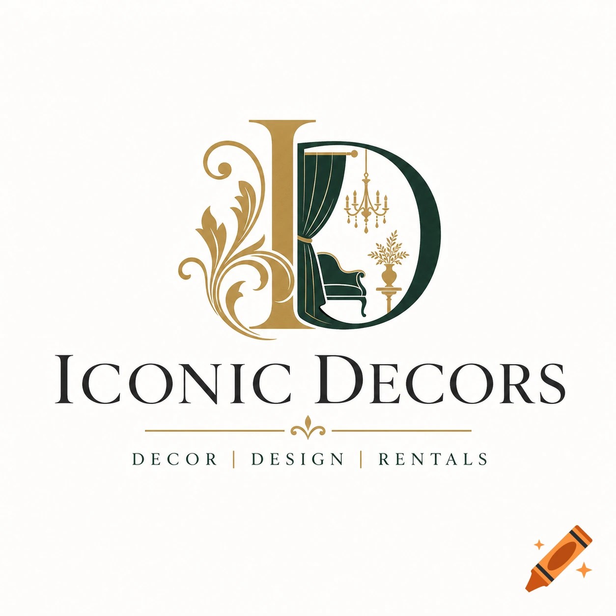 Logo for 'Iconic Decors' featuring a stylized gold 'I' with flourishes and a green 'D' containing an armchair, curtain, and chandelier. Below reads 'ICONIC DECORS' and 'DECOR | DESIGN | RENTALS'.
