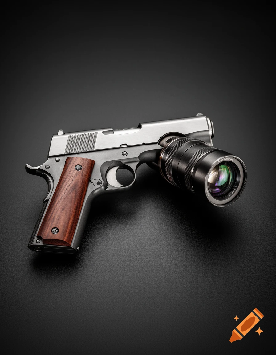 A photorealistic image of a silver M1911 handgun with a detailed camera lens replacing its barrel, against a dark background.