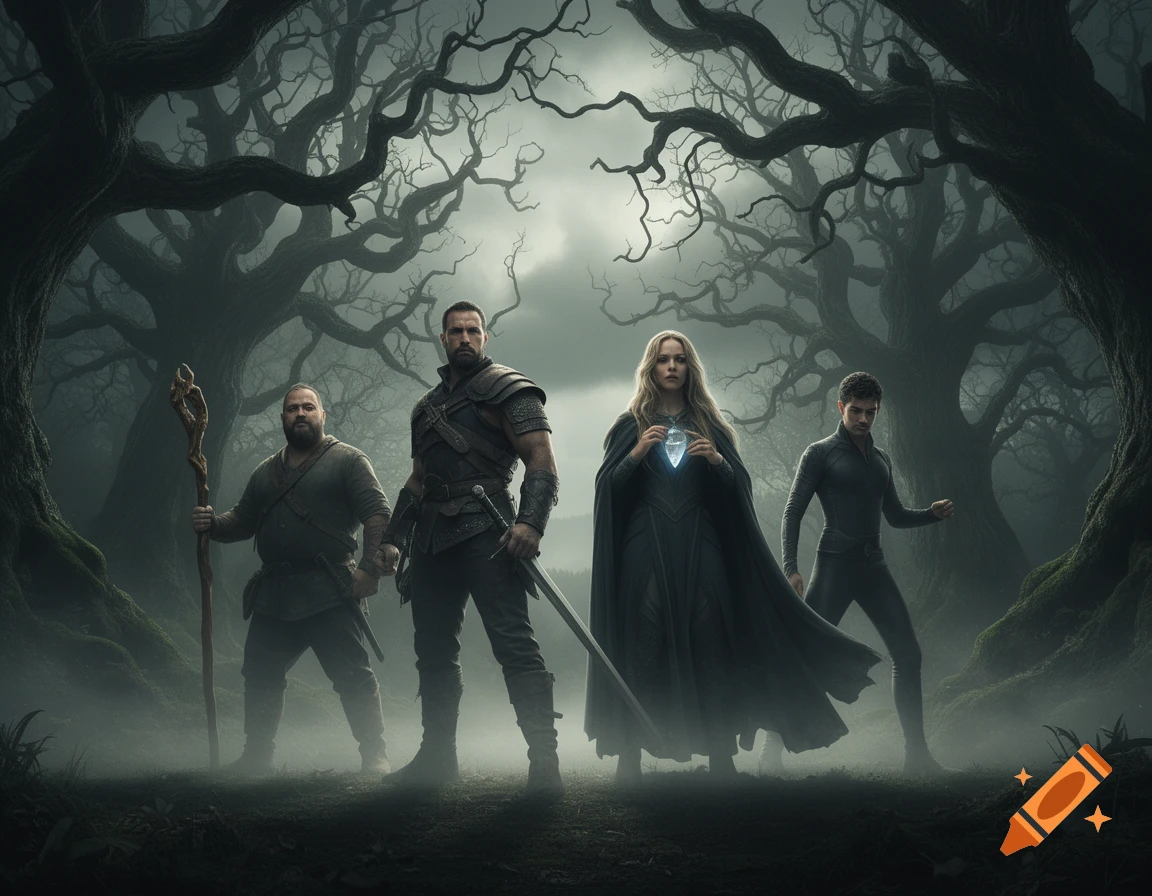 Four diverse adventurers stand in a dark, misty forest with gnarled trees; a woman in the center holds a glowing crystal.