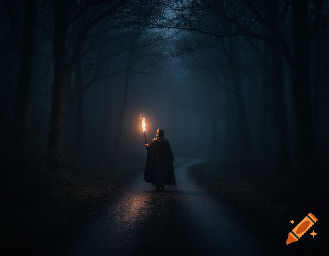 A cloaked figure walks away down a misty, dark forest path, holding a lit torch that illuminates the way.