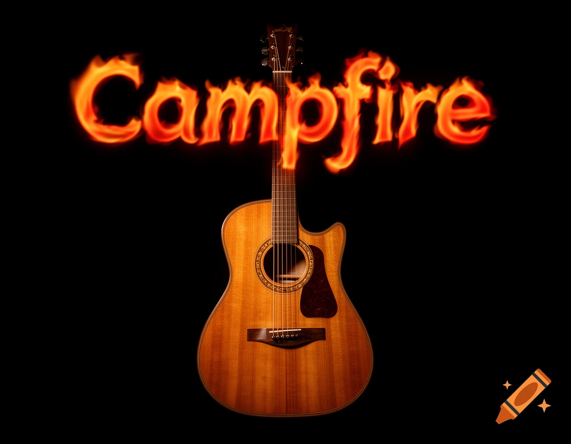 An acoustic guitar on a black background, with the word "Campfire" written above it in fiery orange letters.