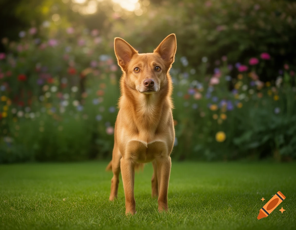 A light brown dog stands on green grass, looking forward, with a soft-focus garden of colorful flowers in the background during golden hour.