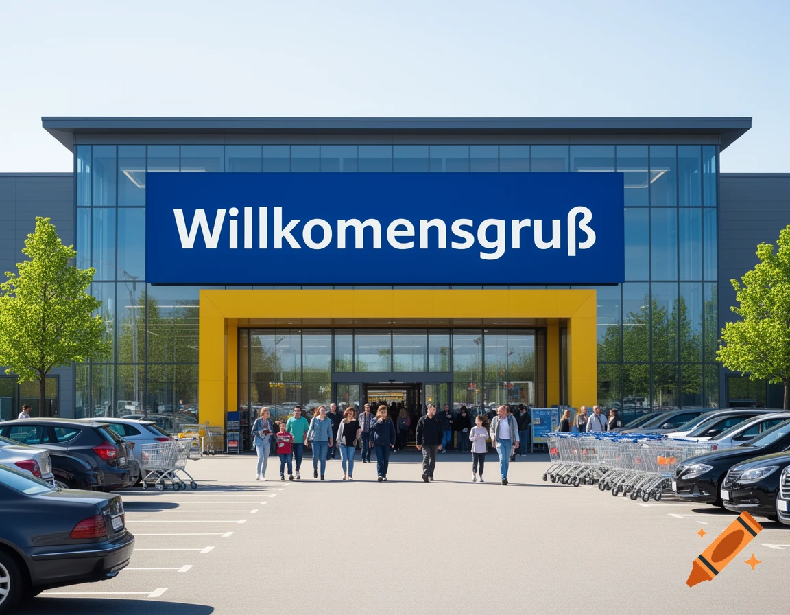 Photorealistic view of a modern store with a large blue 'Willkommensgruß' sign above the entrance, people walking, and cars in a parking lot.