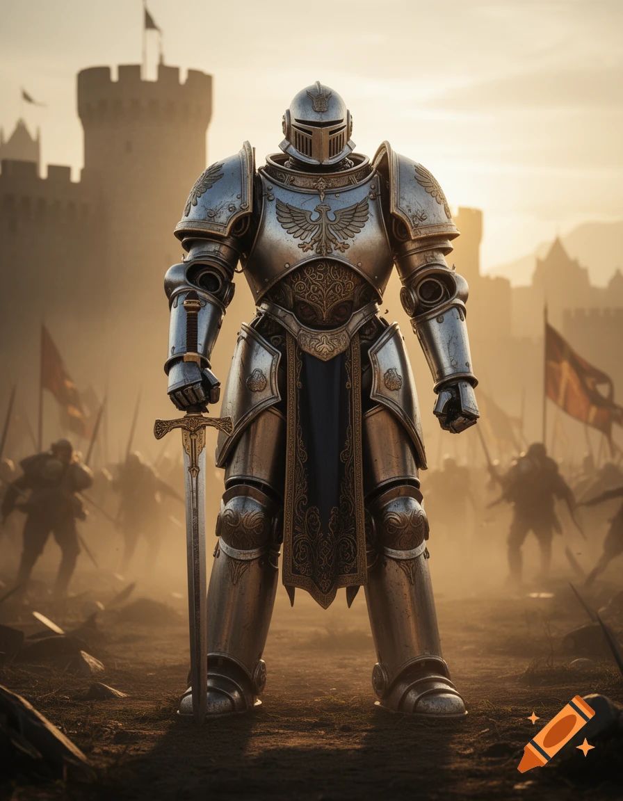 A heavily armored knight with a sword stands on a dusty battlefield with a castle and hazy figures in the background.