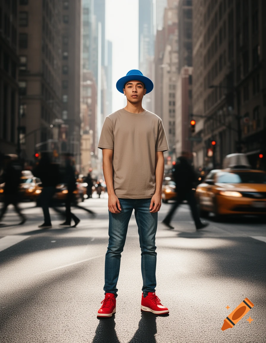 Young man in a blue hat, gray t-shirt, jeans, and red shoes stands in the middle of a sunny city street.