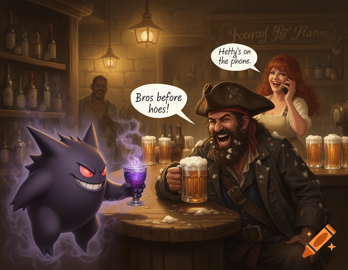 A jovial pirate with a foamy beer and a purple Gengar with a goblet in a dimly lit bar. A woman on the phone stands behind them, and a man laughs in the background.