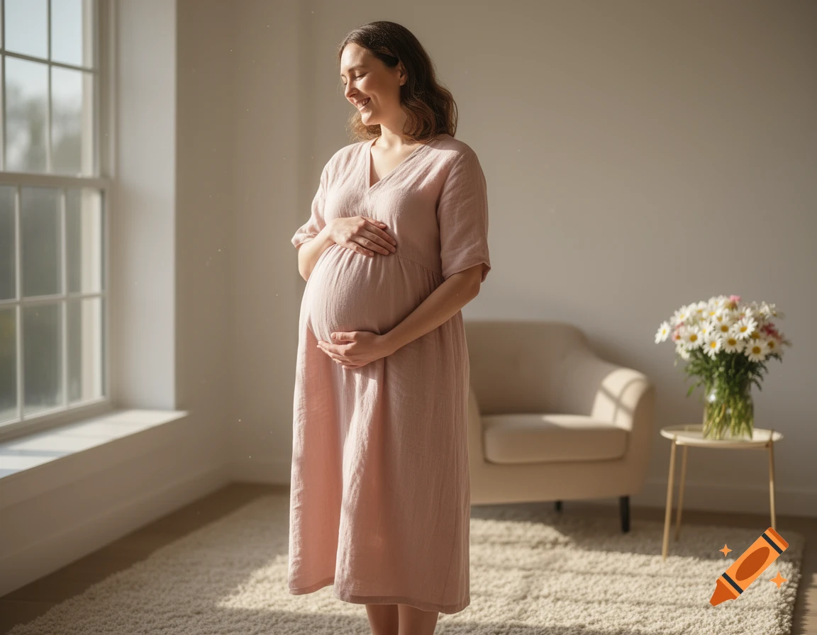 A smiling pregnant woman in a light dress gently cradles her belly by a sunlit window.