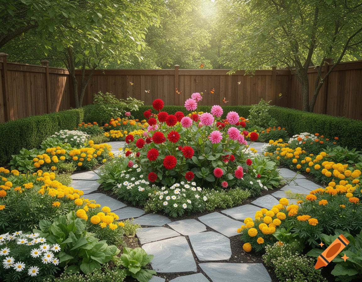 A photorealistic image of a vibrant garden with red, pink, and yellow dahlia flowers, a winding stone path, and a wooden fence.