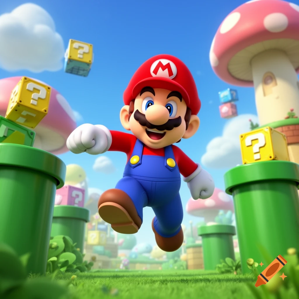 A vibrant 3D cartoon image of Mario jumping happily in a grassy field with green pipes, question mark blocks, and mushroom houses under a blue sky.