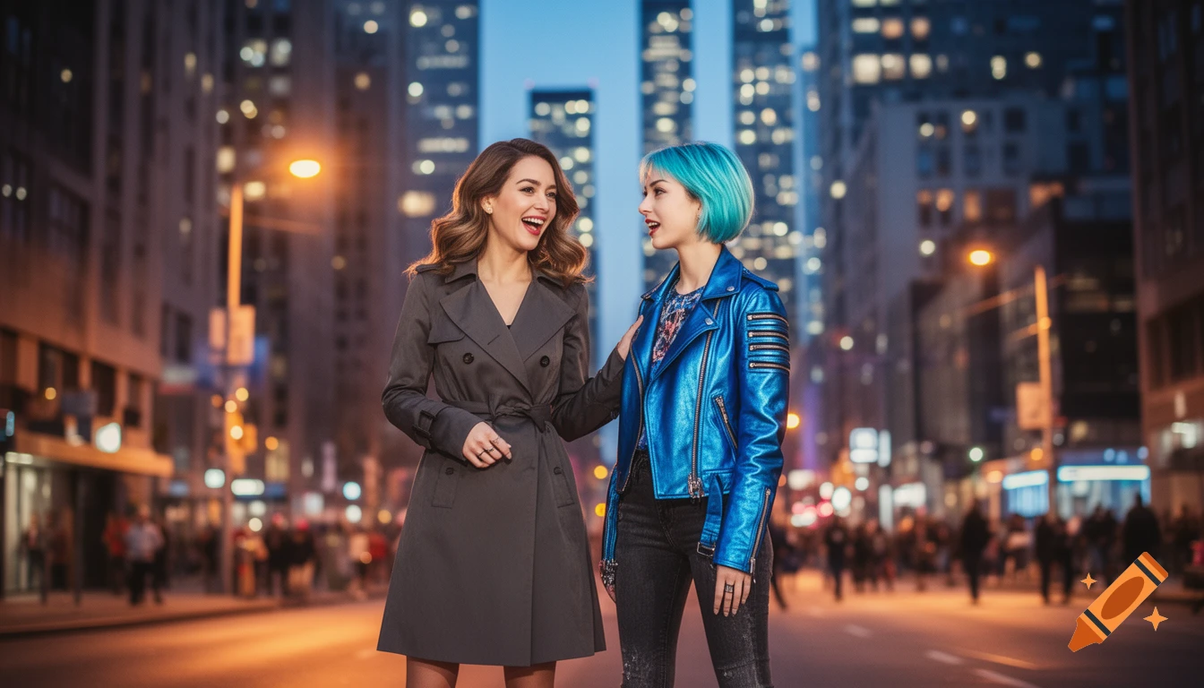 Two smiling women, one in a trench coat and one in a blue leather jacket, conversing on a city street at night.