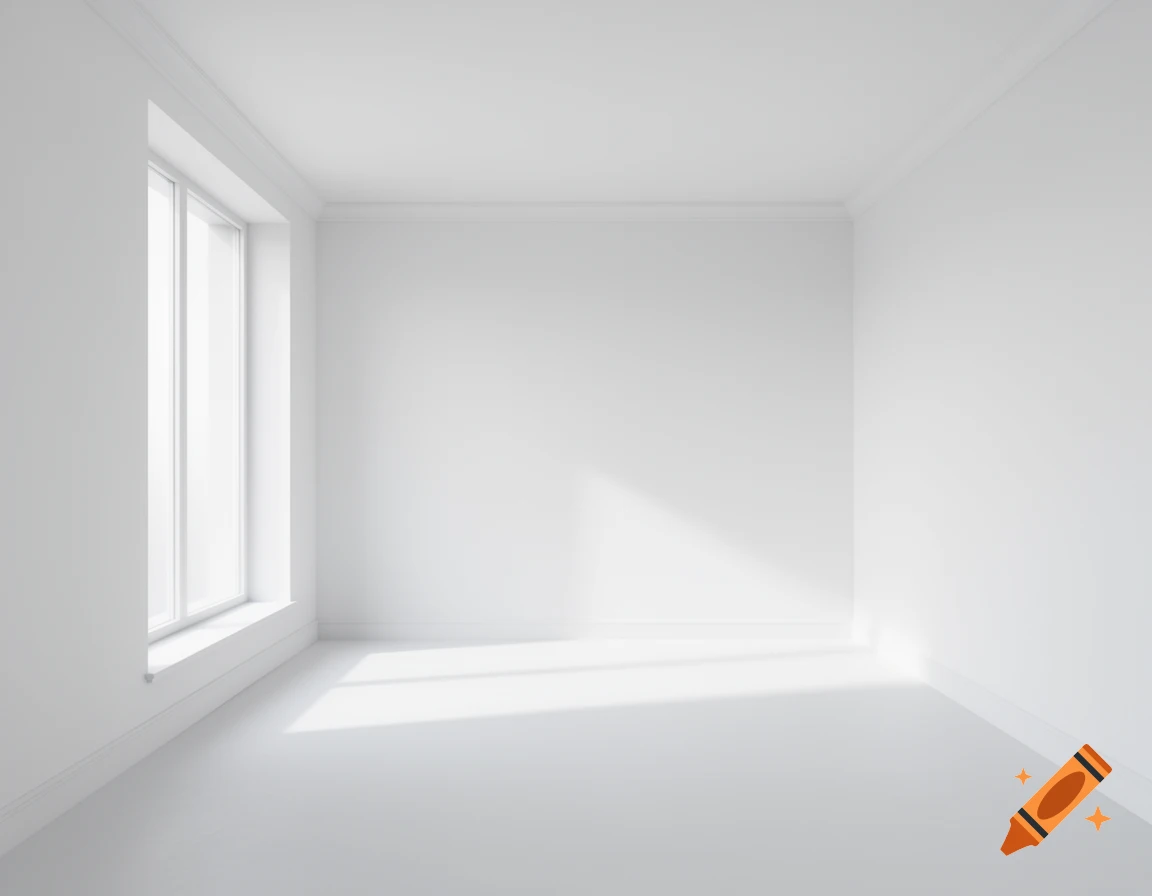 An empty, bright white room with a large window and sunlight casting shadows on the floor.