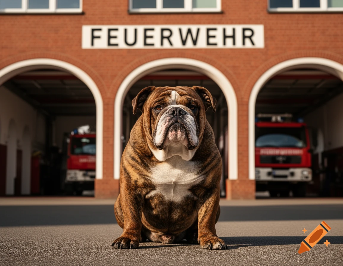 A serious English Bulldog sits centrally in front of a brick fire station with "FEUERWEHR" sign and two red fire trucks. Photorealistic.