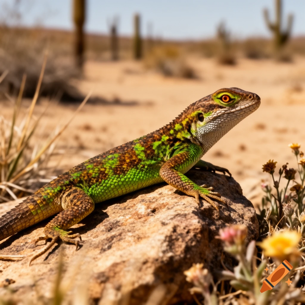 A vibrant green and brown lizard with orange eyes rests on a rock in a sunny desert landscape with cacti in the background.