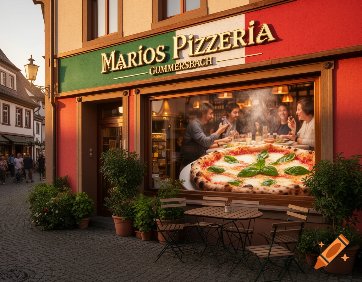 Photorealistic exterior of 'Marios Pizzeria' on a cobbled street, featuring outdoor seating and a large pizza in the window where people are dining.