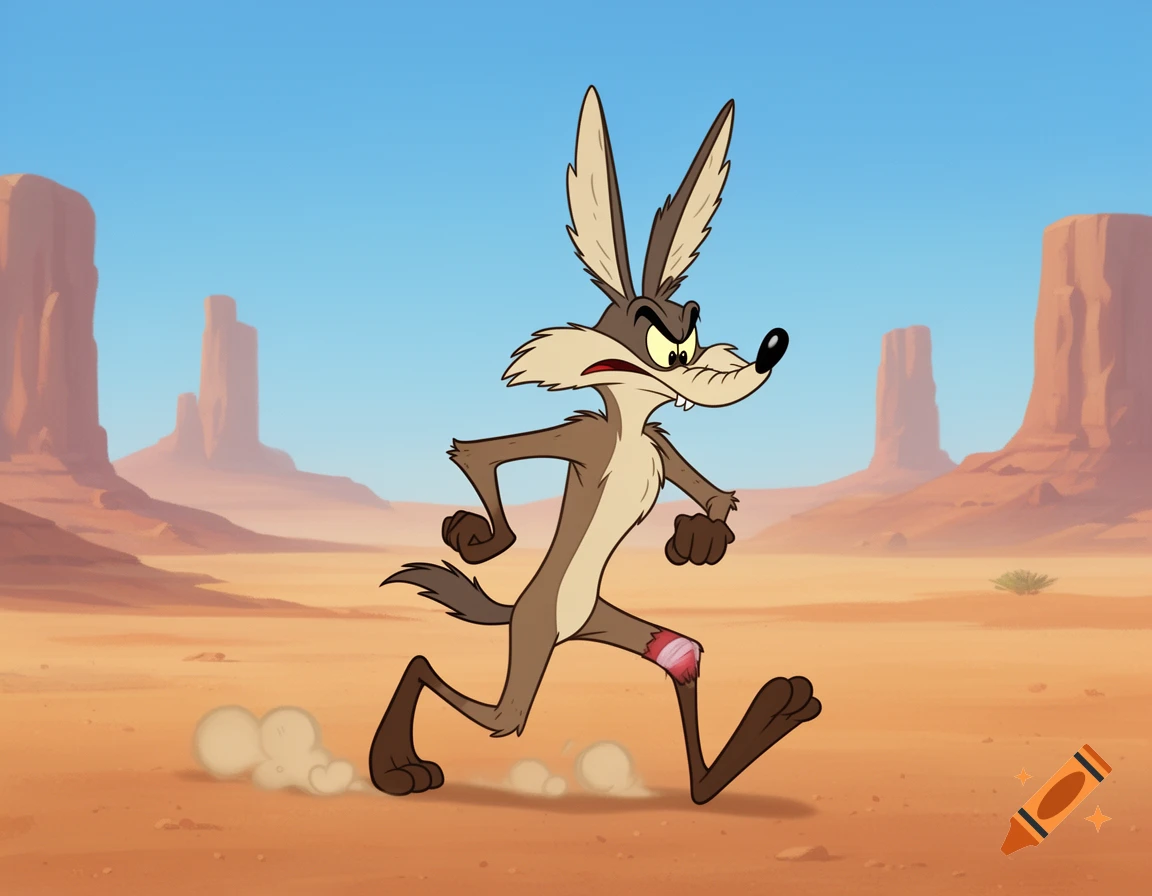 A cartoon of Wile E. Coyote running with a bandaged right knee in a desert landscape with mesas.