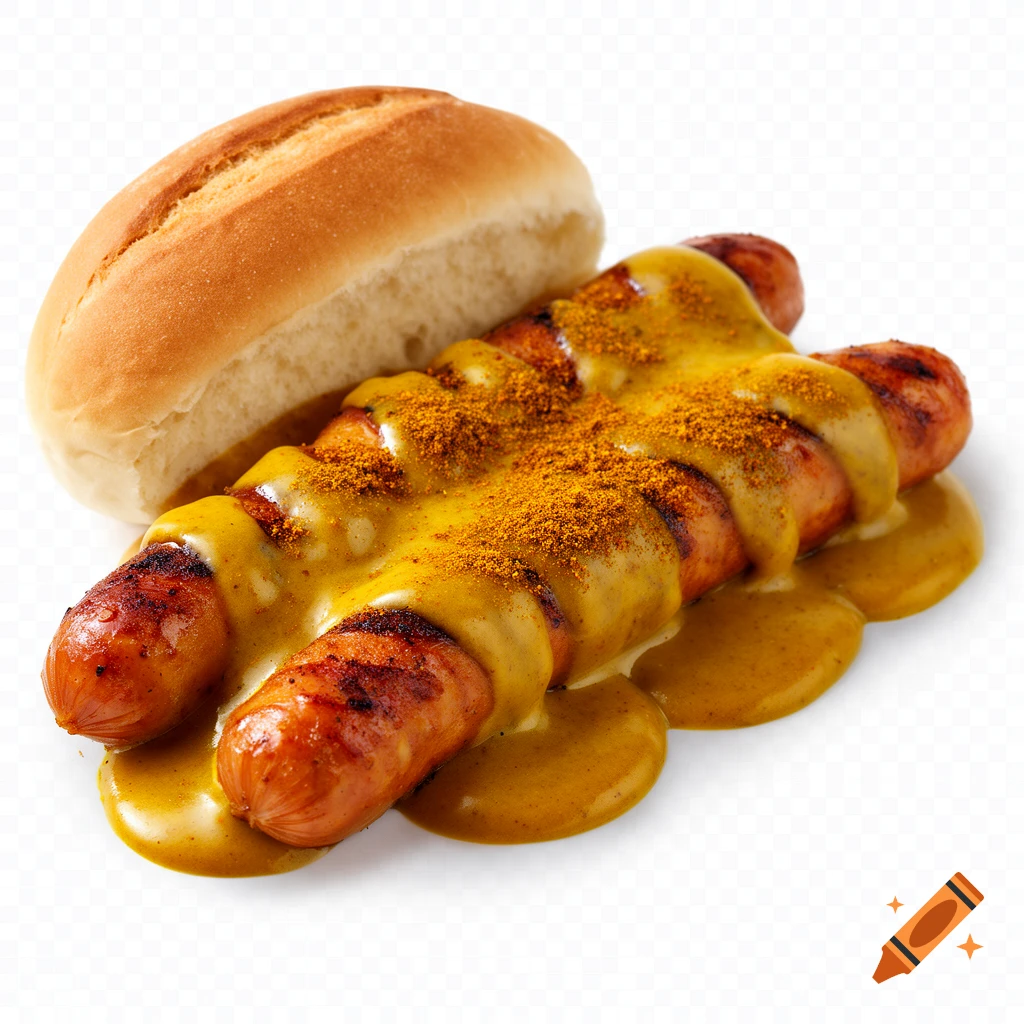 A grilled currywurst sausage generously covered in yellow curry sauce and curry powder, served alongside a plain bread roll on a white background.