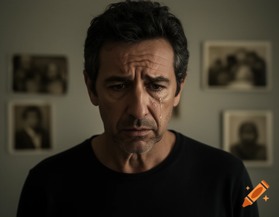 A man with tears streaming down his face, looking down in sadness, with blurred framed photos in the background.