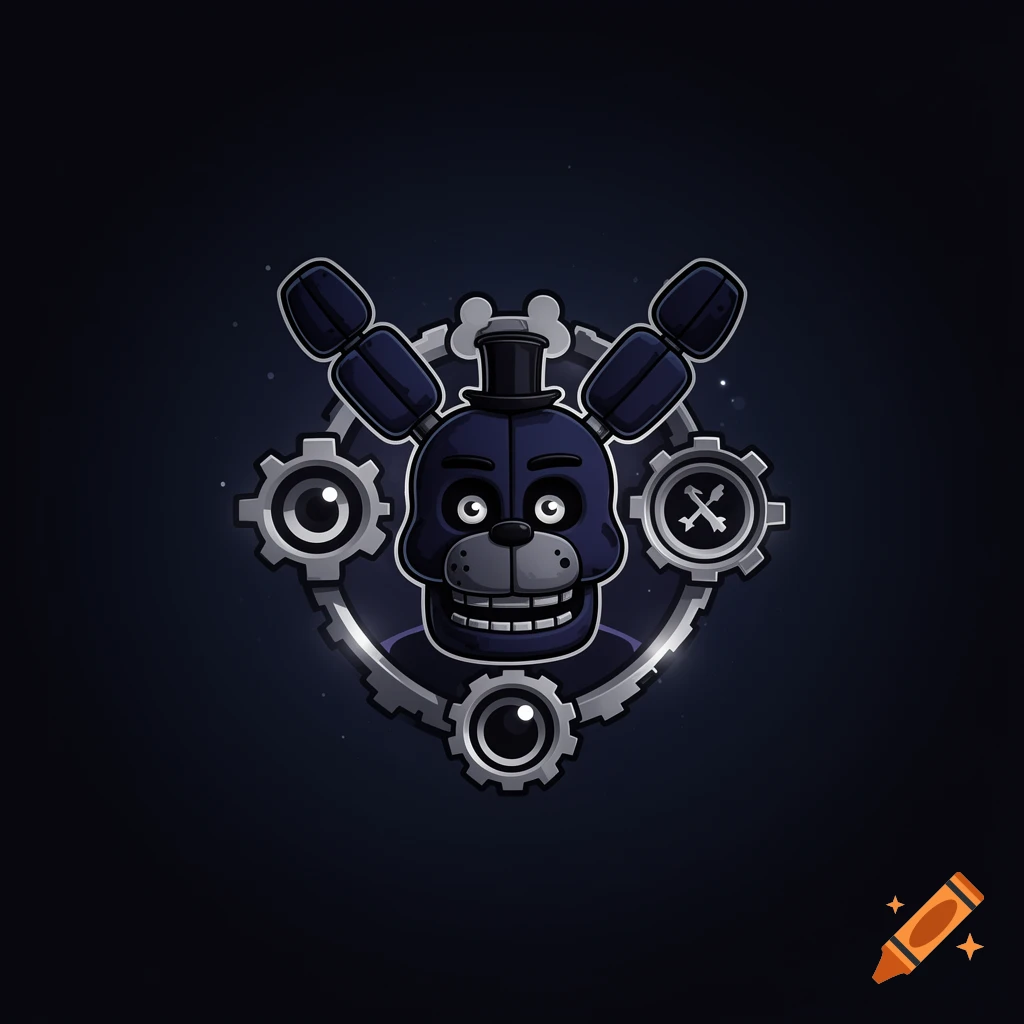 Stylized dark blue robotic bear head wearing a top hat, surrounded by silver gears and mechanical details, on a dark background.