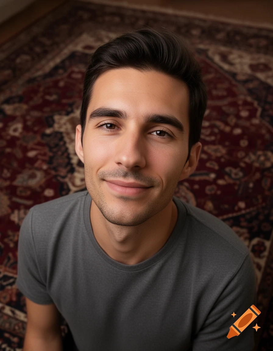A photorealistic portrait of a smiling young man in a grey t-shirt, looking up, with a traditional patterned rug in the background.
