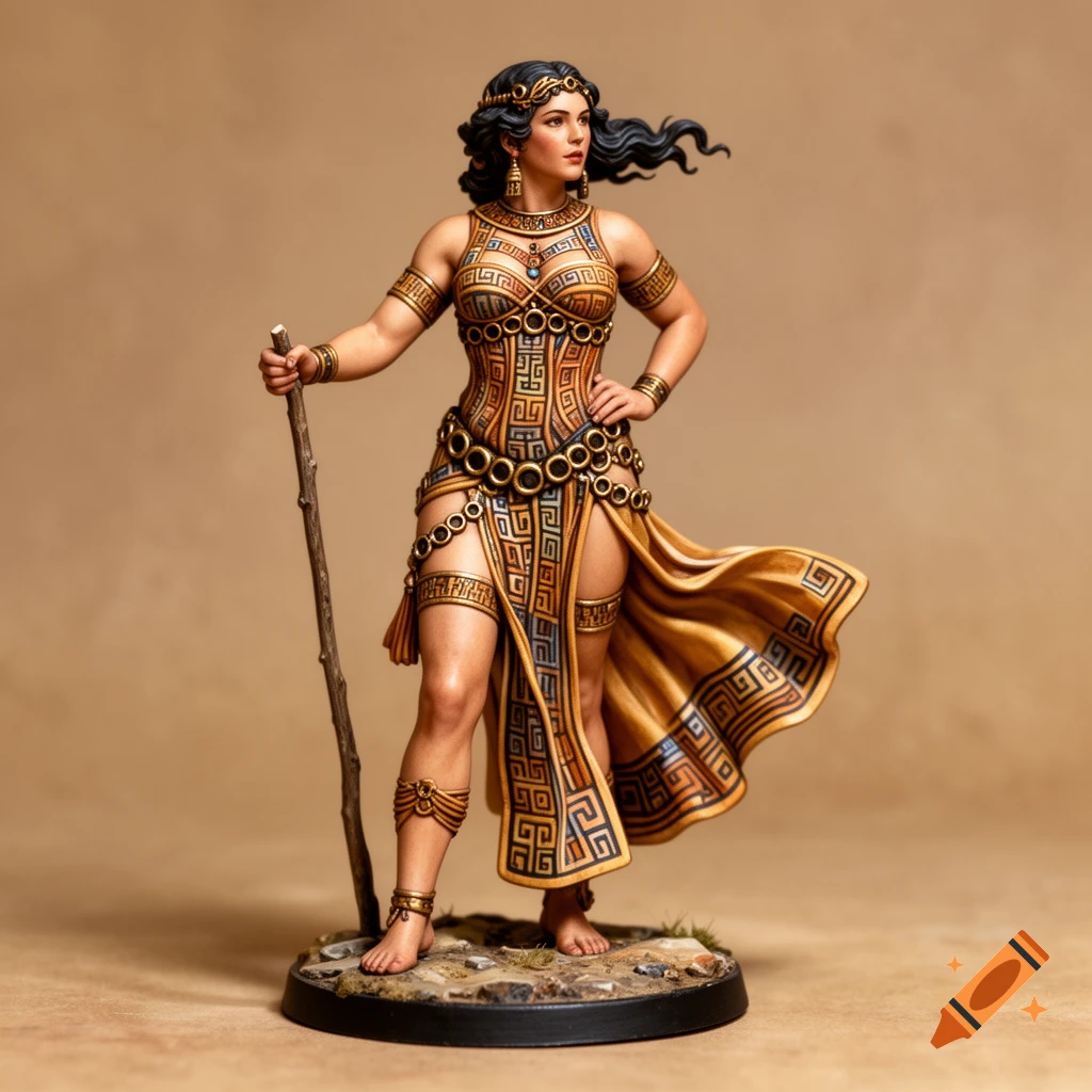 A tabletop miniature of a curvy Minoan woman in a golden patterned outfit, holding a stick, on a base.