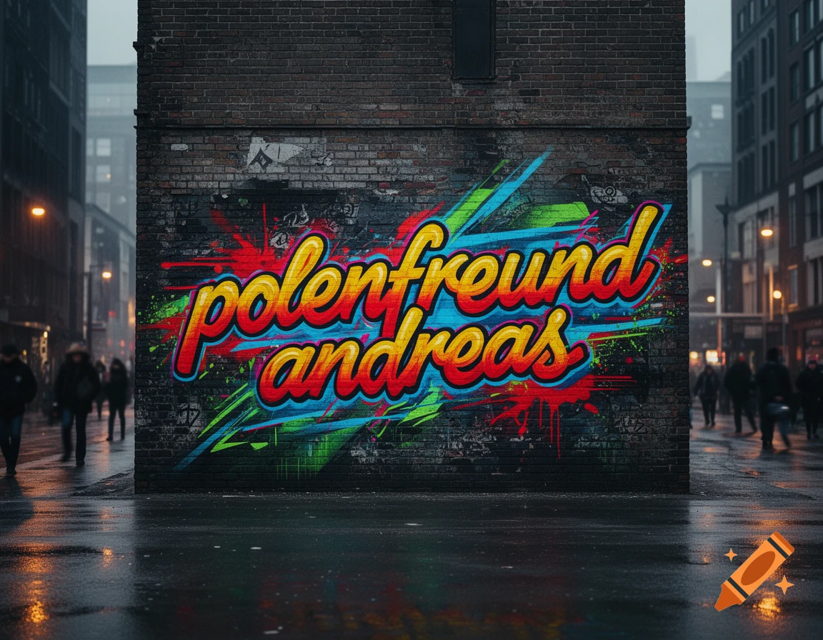 Vibrant graffiti spelling 'polenfreund andreas' on a dark brick wall in a rainy, blurred city street at night, photorealistic.