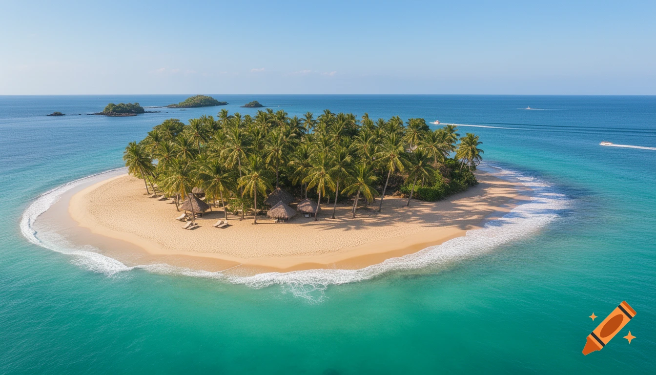 Aerial view of a small tropical island with dense palm trees, white sandy beaches, and turquoise ocean water under a clear blue sky.