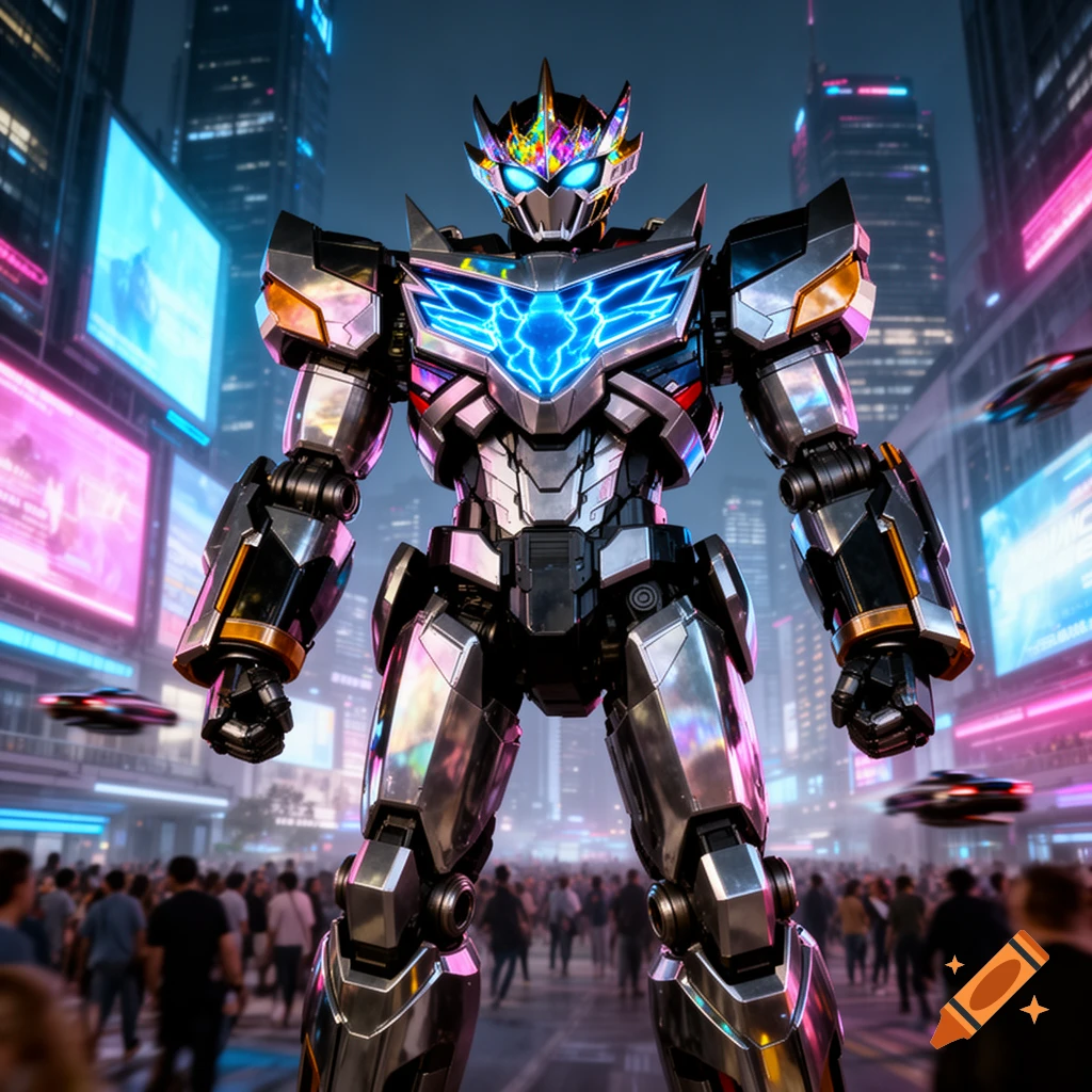A giant metallic robot with glowing blue and colorful lights stands in a bustling futuristic city street at night, with towering skyscrapers and neon signs.