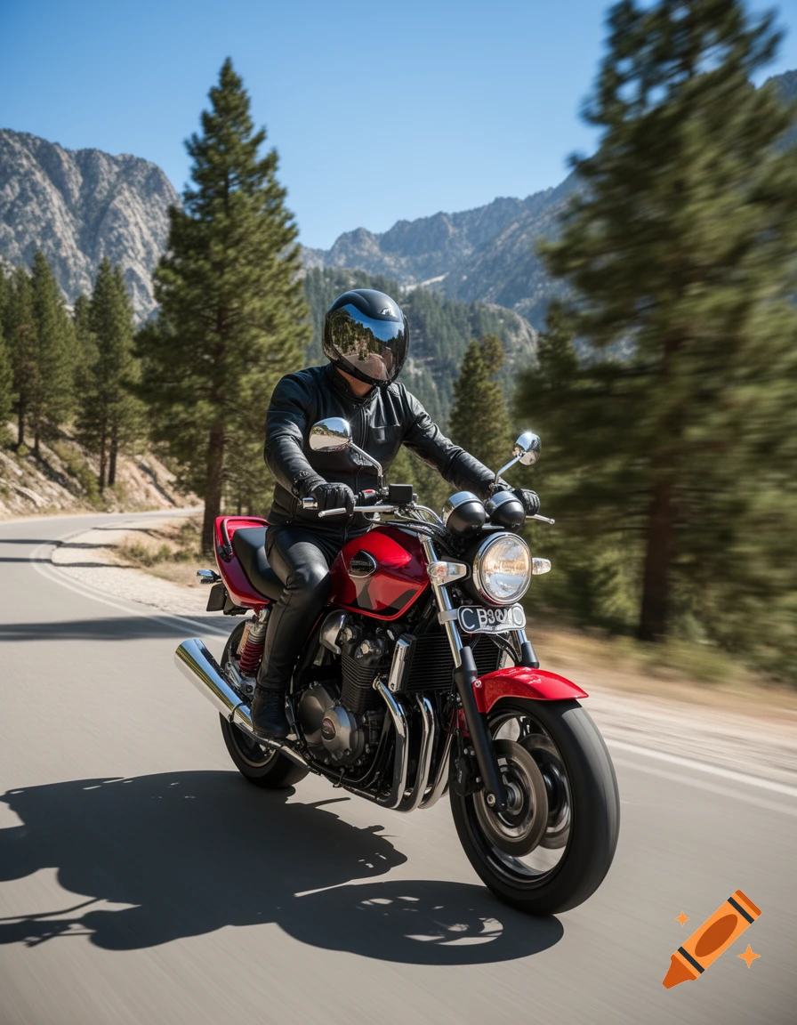 A person in a black helmet and leather gear rides a red motorcycle on a winding mountain road under a clear sky.