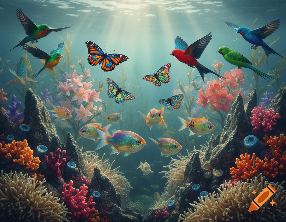 Vibrant underwater scene with colorful fish, birds, and butterflies flying amongst coral, rocks, and blooming flowers.
