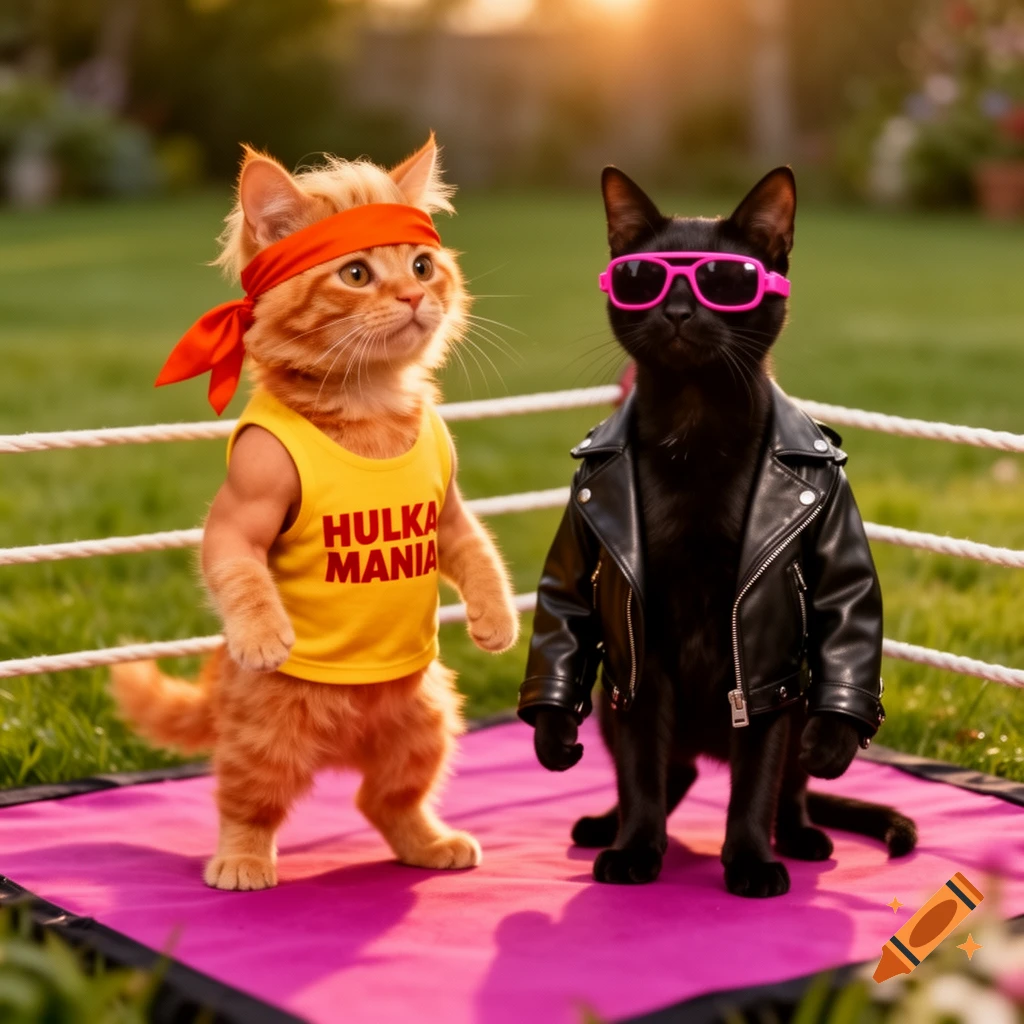 An orange cat in a 'HULKA MANIA' shirt and a black cat in a leather jacket and pink sunglasses stand in a wrestling ring.