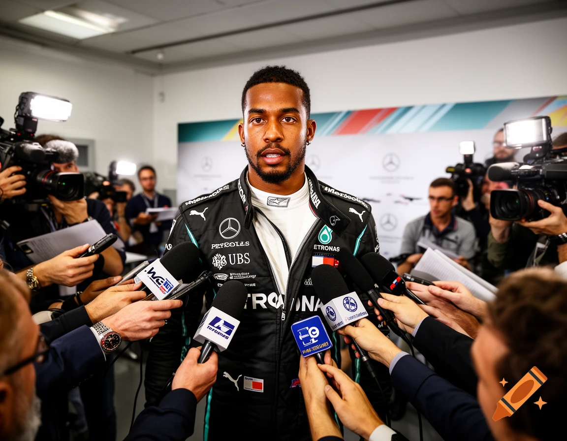 Photorealistic image of a Formula 1 driver in a Mercedes suit at a crowded press conference, surrounded by microphones.