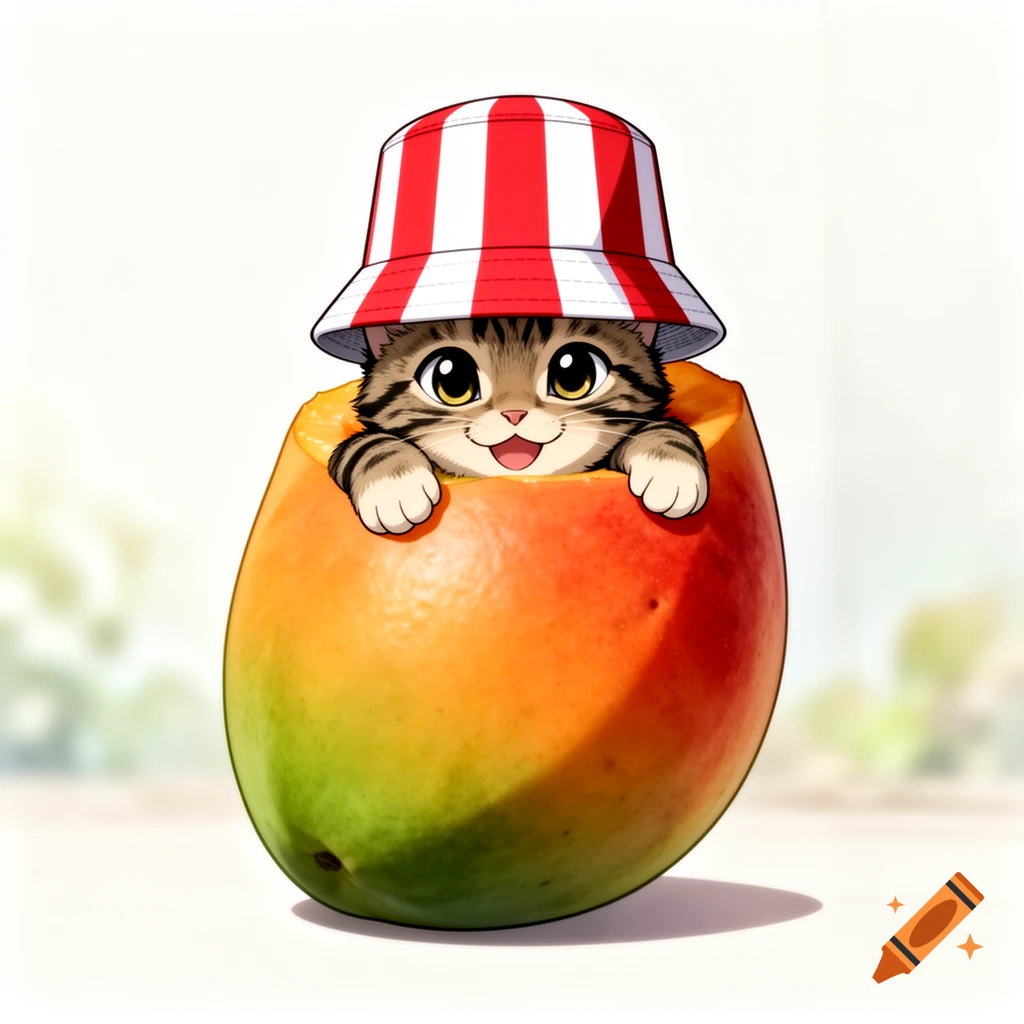 Cute anime tabby cat wearing a red and white striped bucket hat, popping out of a giant mango.