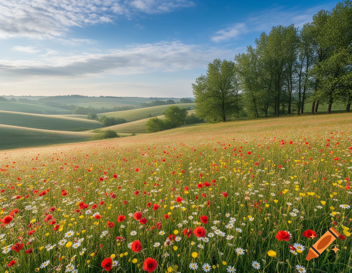 A vibrant meadow filled with red poppies, white daisies, and yellow flowers under a blue sky with distant green hills and trees.