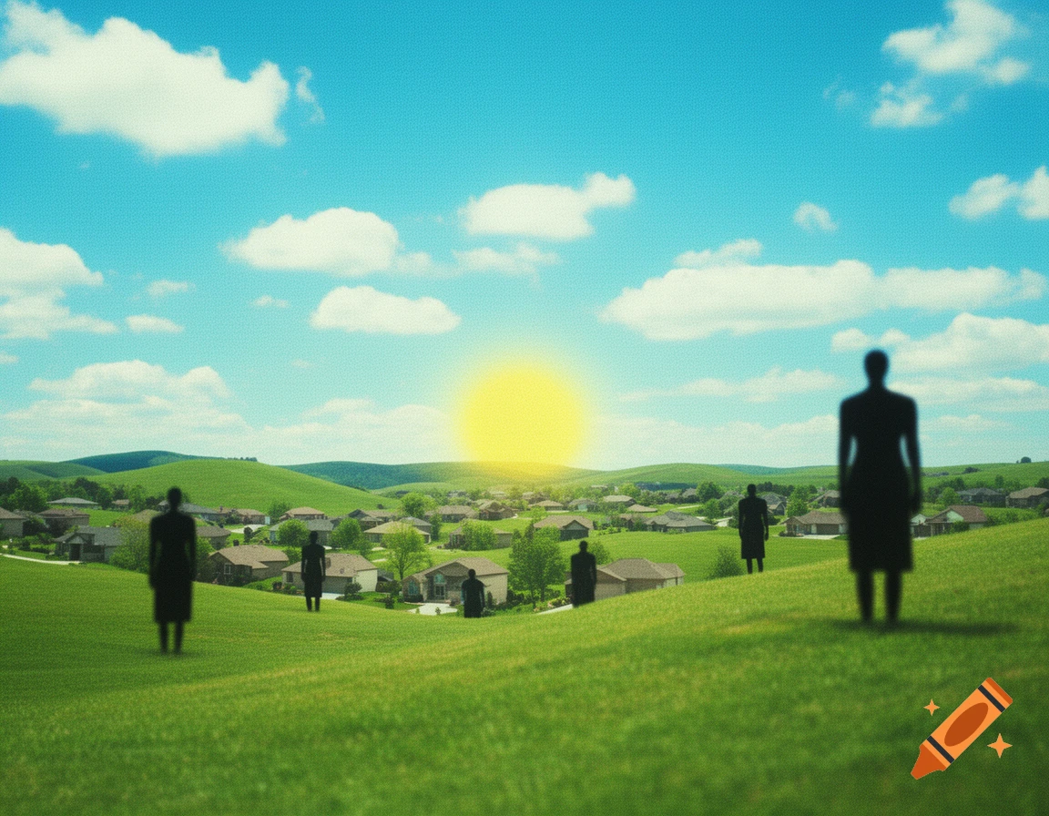 A surreal, dream-like liminal space photo of black, blurry human-like silhouettes standing on bright green hills overlooking a suburban neighborhood under a vibrant blue sky with a blurry yellow sun and soft grain.