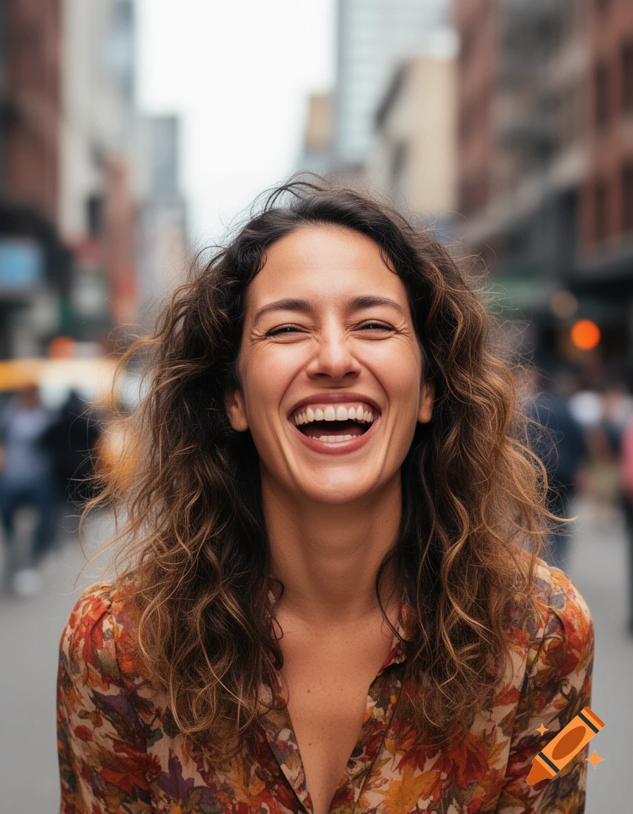 A photorealistic portrait of a young woman with curly hair laughing joyfully on a blurry city street.