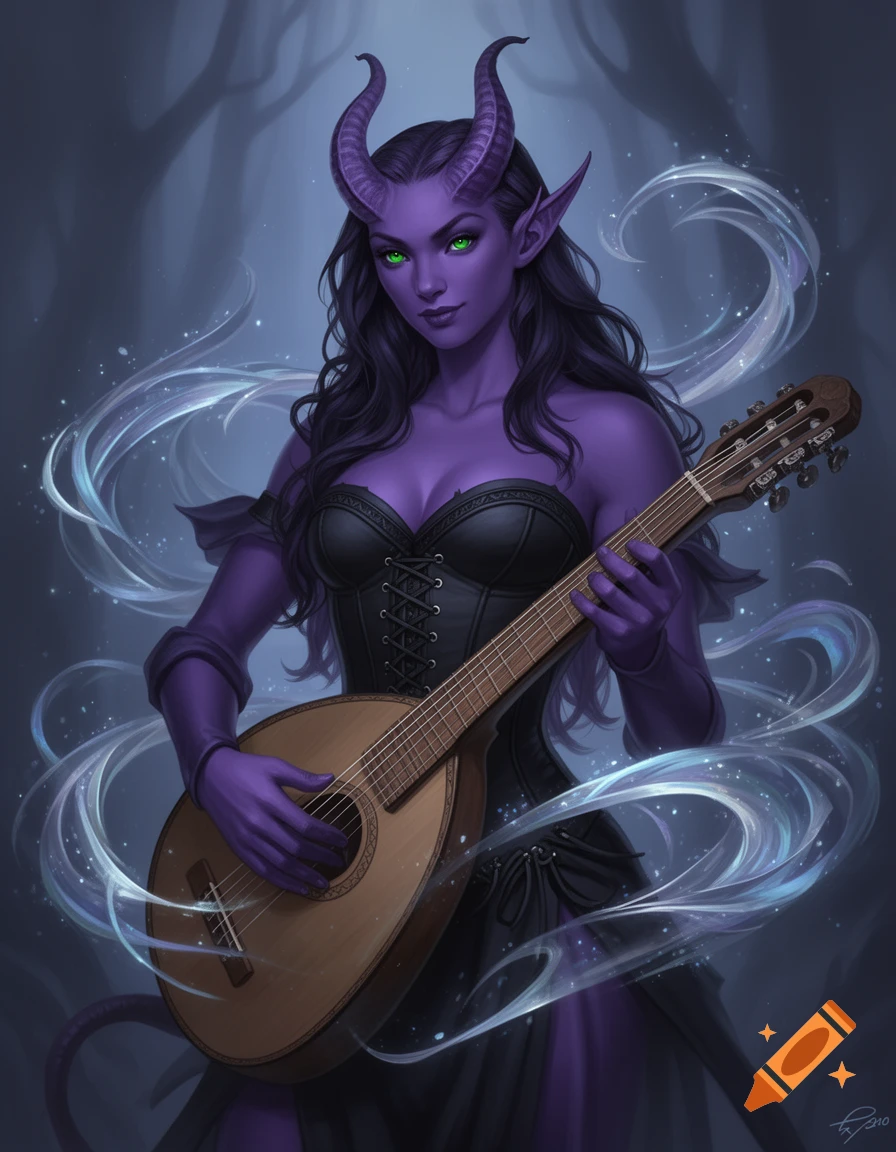 A purple-skinned tiefling bard with horns and green eyes plays a lute, surrounded by swirling magic. Digital art style.