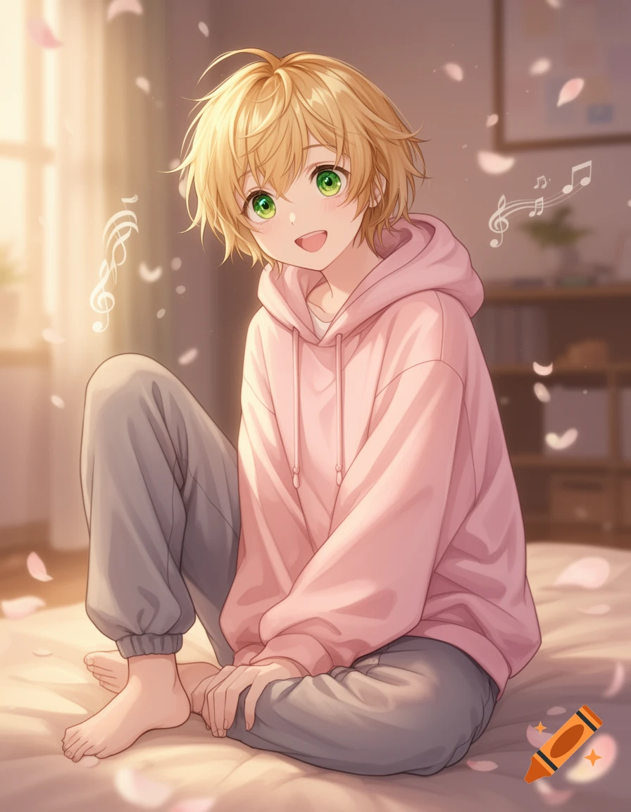 An anime girl with short blonde hair and green eyes, wearing a pink hoodie, sitting happily on a bed with floating musical notes and cherry blossoms.