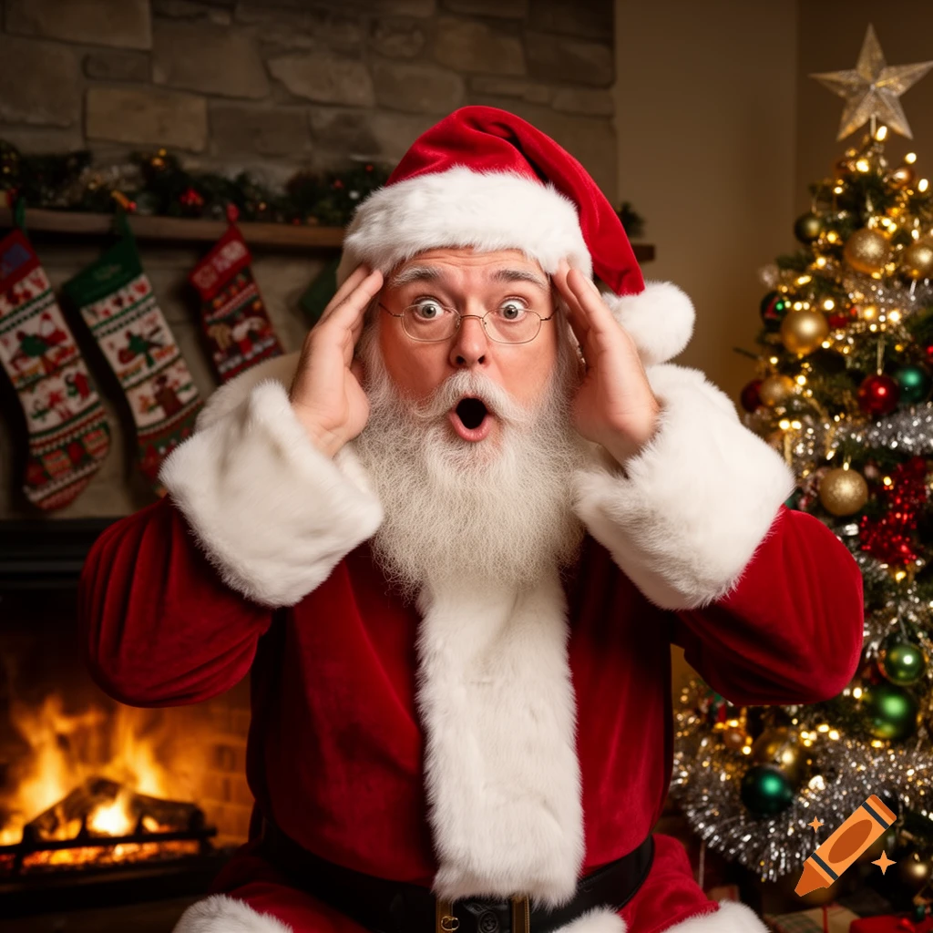 Photorealistic image of Santa Claus looking shocked with his hands on his head, mouth open, in a festive room with a fireplace and Christmas tree.