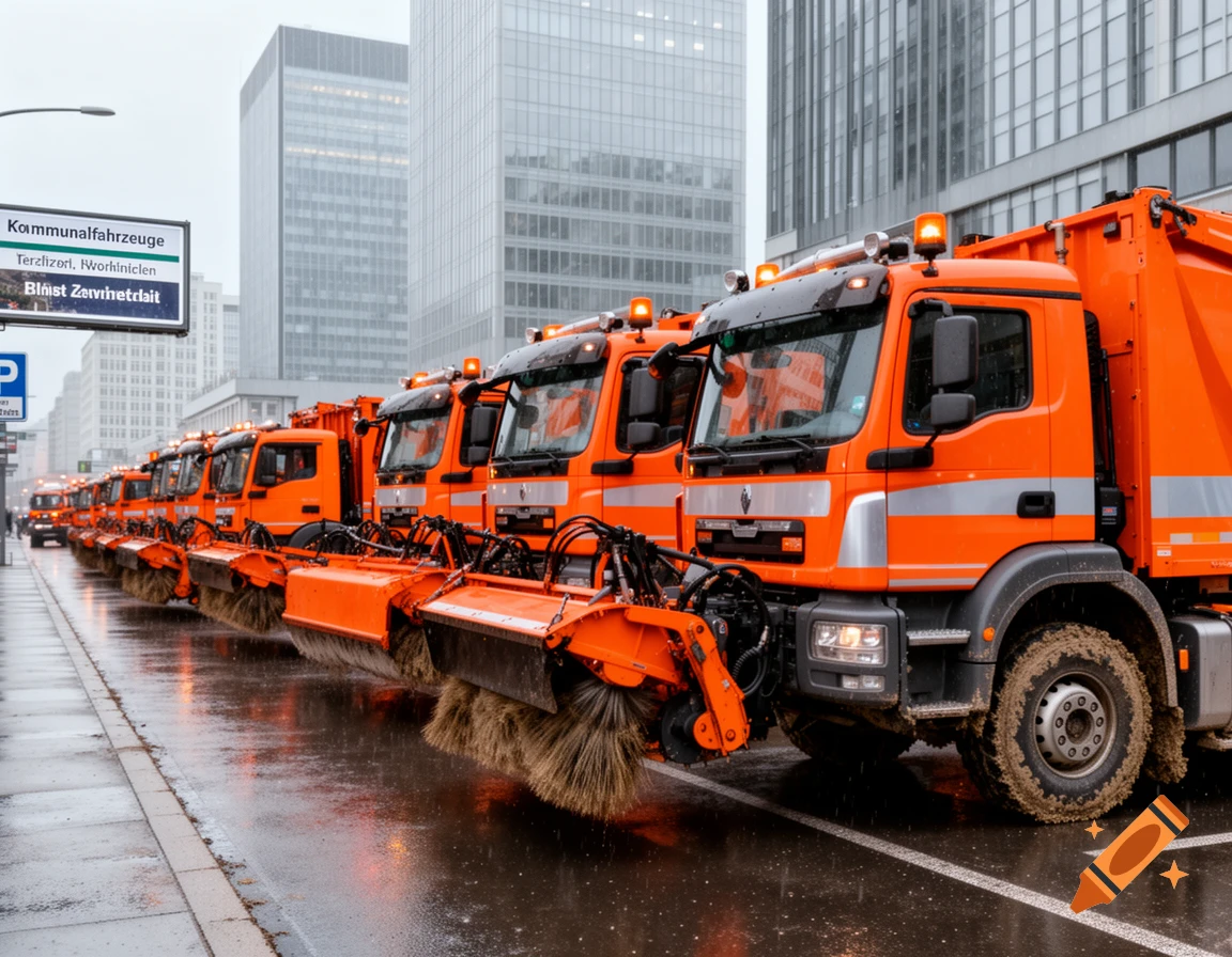 A line of bright orange street sweeper trucks parked on a wet city street with tall buildings in the background. A sign displays German text.