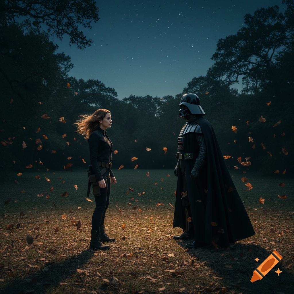 Emilia Clarke and Darth Vader stand facing each other in a moonlit forest with autumn leaves falling around them, photorealistic style.