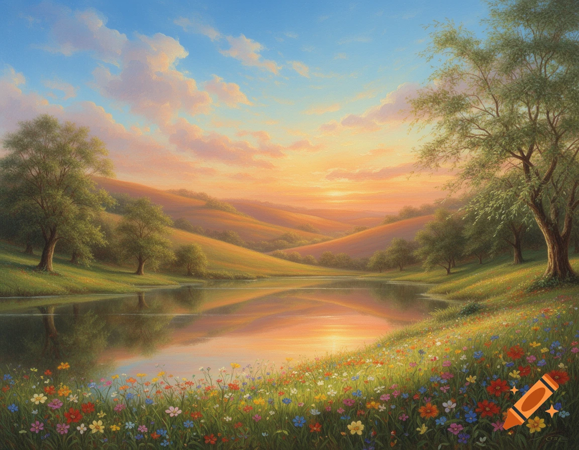 A vibrant painted landscape depicts a tranquil lake reflecting a colorful sunset sky amidst rolling green hills, lush trees, and a foreground of wildflowers.