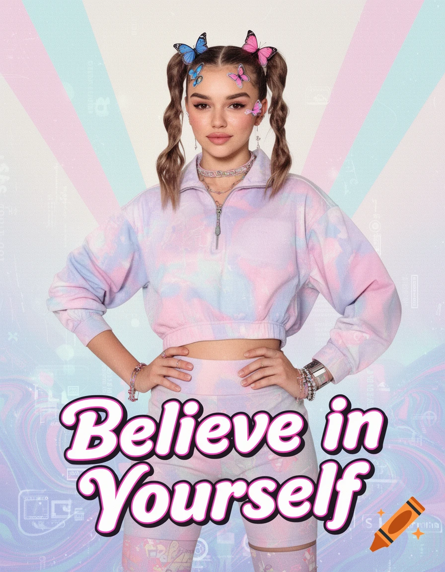 Young woman in a pastel tie-dye cropped sweatshirt and shorts, with butterflies in her pigtails, standing in front of a Y2K-style background. The text "Believe in Yourself" is at the bottom.