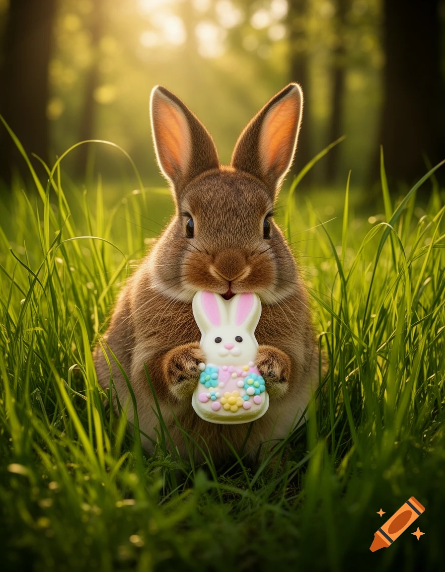 A photorealistic bunny sits in green grass, holding a white candy bunny with colorful frosting.